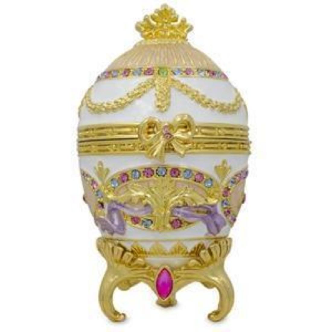 Faberge-inspired 1903 Bonbonniere Faberge Egg: Russian, Faberge-inspired trinket jewel box egg, fashioned after the original®1903 Bonbonniere®Egg. Hand-painted enamel over pewter with gold gilt & embedded pastel colored Swarovski crystals & atta