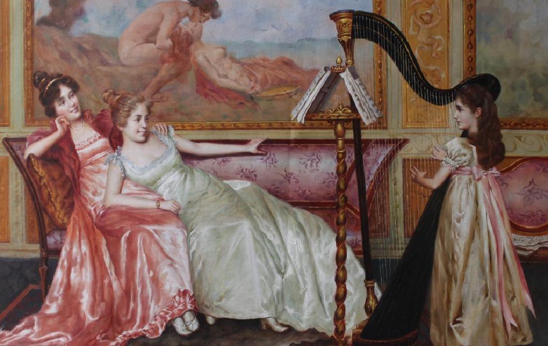 Parlor Scene With Harp Oil Painting: Student of Vittoria Reggianini ( Italian, 1858 - 1938 ) parlor scene. The artist of the original work was best known for genre subjects depicting the life of elegant ladies & gentlemen of the 18th Cen