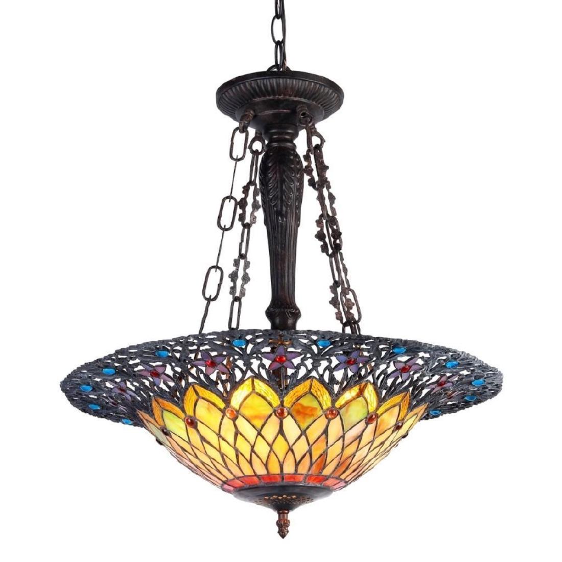 Inverted Ceiling Pendant: "CAMILA" Tiffany-style 3 Light Inverted Ceiling Pendant 22" Shade This Tiffany style traditional design 3-light inverted pendant features an antique bronze finish. Handcrafted from over 300 individual