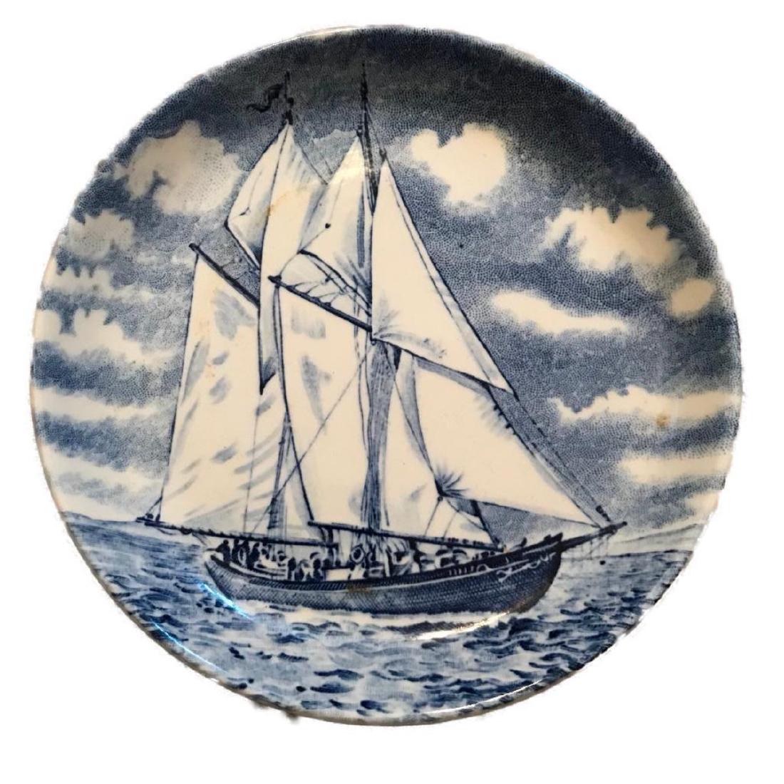 Vintage Burleigh Staffordshire "Bluenose II Nova Scotia: Burleigh Staffordshire England cobalt blue collectible plate depicting the "Bluenose II" replica of the world famous fishing schooner "BlueNose" built at Lunenburg, Nova Scotia. 5"D.