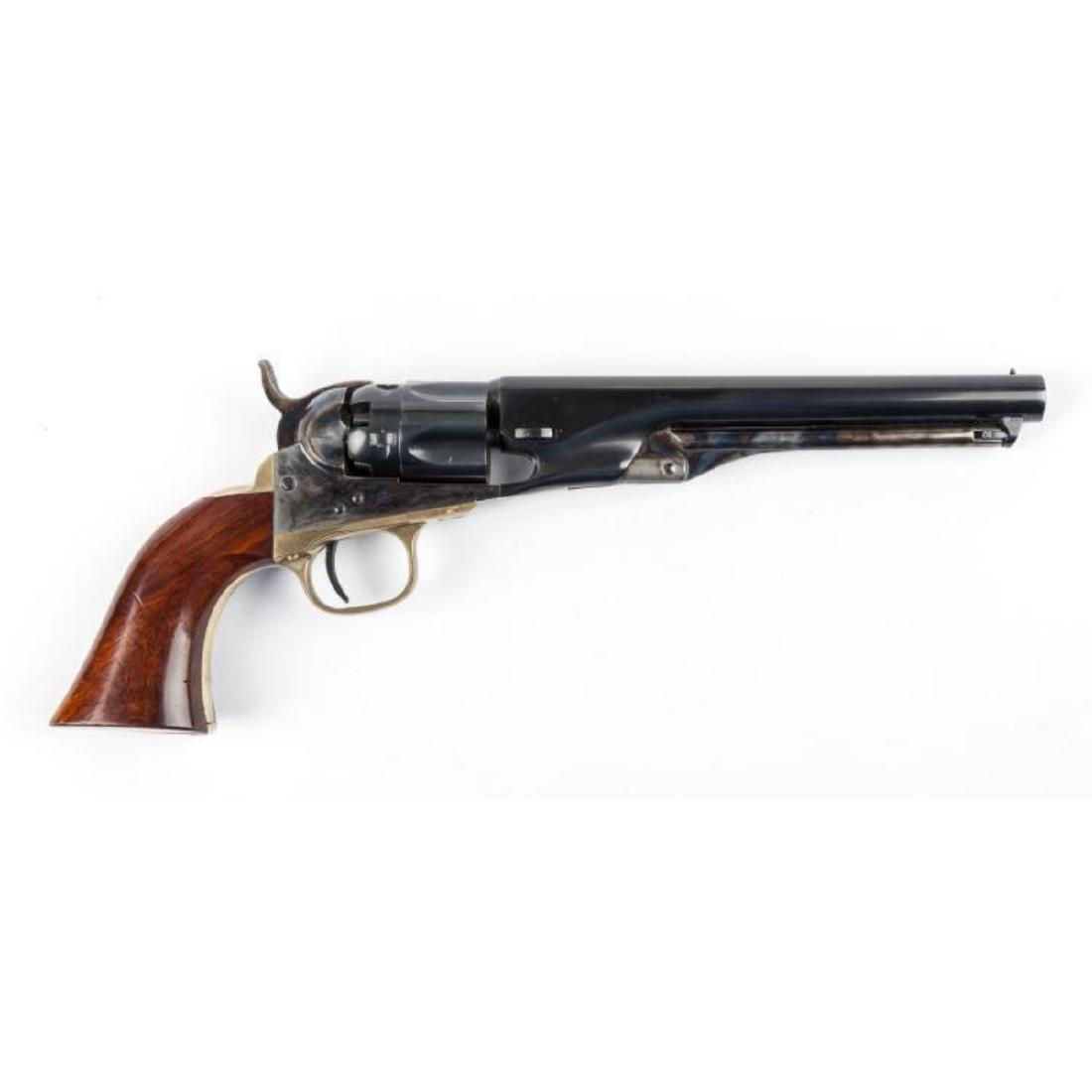 Uberti Colt Model 1860 Black Powder Rev - .36 Cal: SERIAL NUMBER: 33485 DESIGN: Single action black powder revolver. 6-1/2" barrel. .36 caliber. MATERIAL/FINISH COMPOSITION: Blued steel. Brass frame. Walnut grips. FEATURES: Numbers match. CONDITION: E