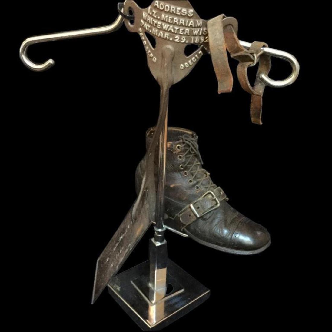 19thc Patent Model Sugar Cane Stalk Cutter: Late 19th Century Patent Model for a Sugar Cane Stalk Cutter. Printed on the cutter - "Address, I.Z. Merriam, Whitewater Wis., Pat. Mar.29. 1892." Blade attachment is 18" L X 7" W with leather strap &