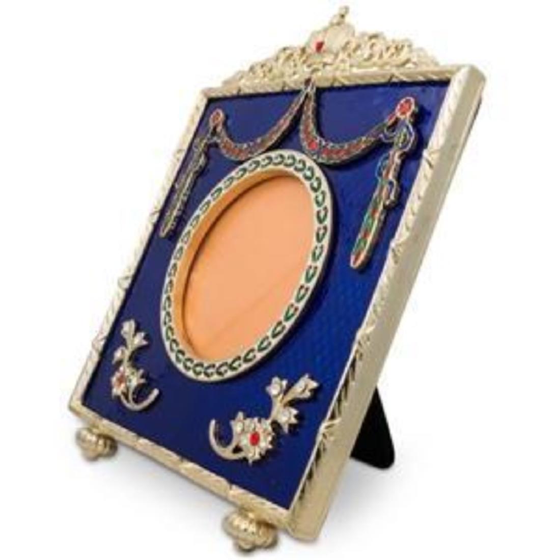 5" Faberge Square Blue Enameled Guilloche Russian: 5" Faberge Square Blue Enameled Gullioche Russian Antique Style Picture Frame The Russian Royal Picture Frame is in a royal blue guilloche enamel with golden mounted edges. The top of the photo frame