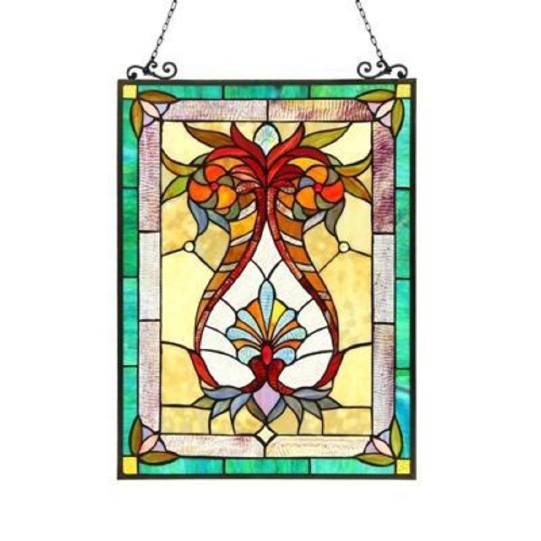 "THEODORE" Tiffany-style Victorian Glass Window Panel: This handcrafted Tiffany-style, Victorian design widow panel with a dark bronze finish will brighten up any room. The beautiful aqua, beige, red, green, blue and multi-color art glass will add warmth 