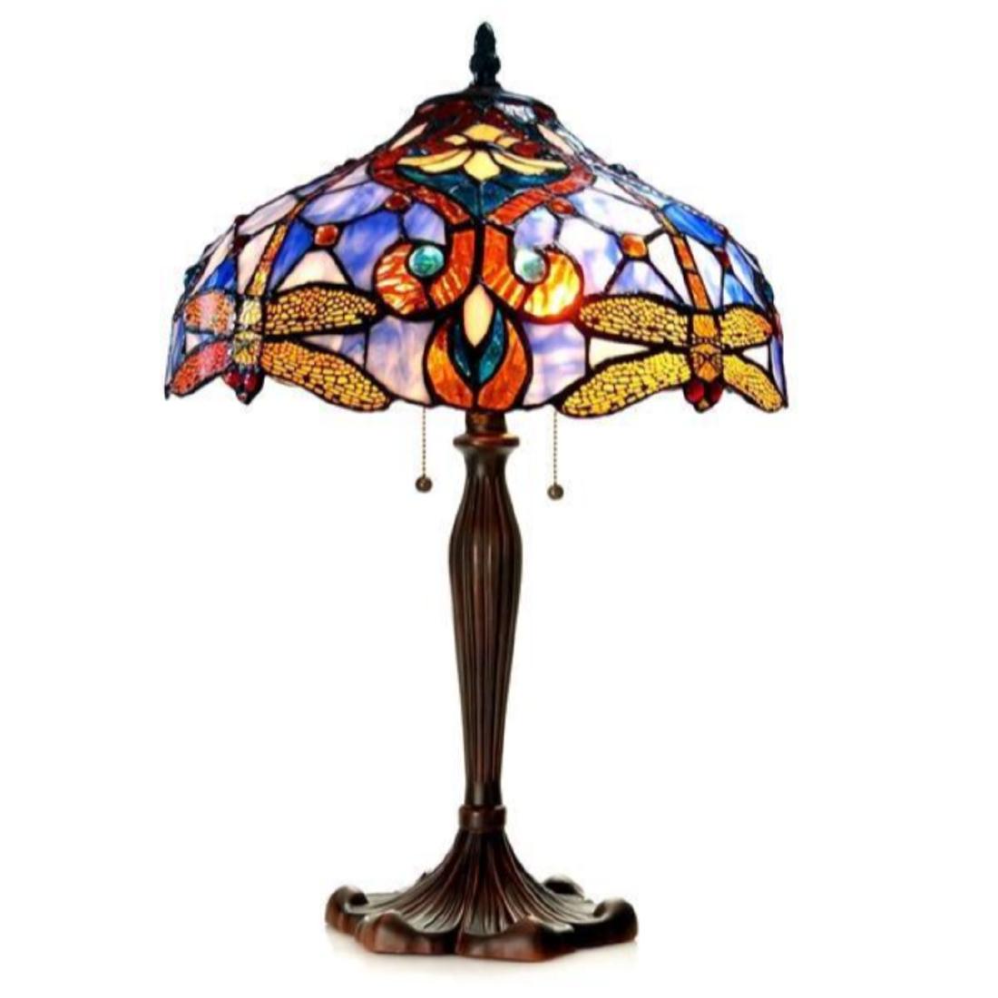 Table Lamp: "JULIA" Tiffany-style Dragonfly 2 Light Table Lamp 17" Shade JULIA, Tiffany-style Dragonfly table lamp is handcrafted with pure stationed glass and gem tone. Â Each glass piece individually position