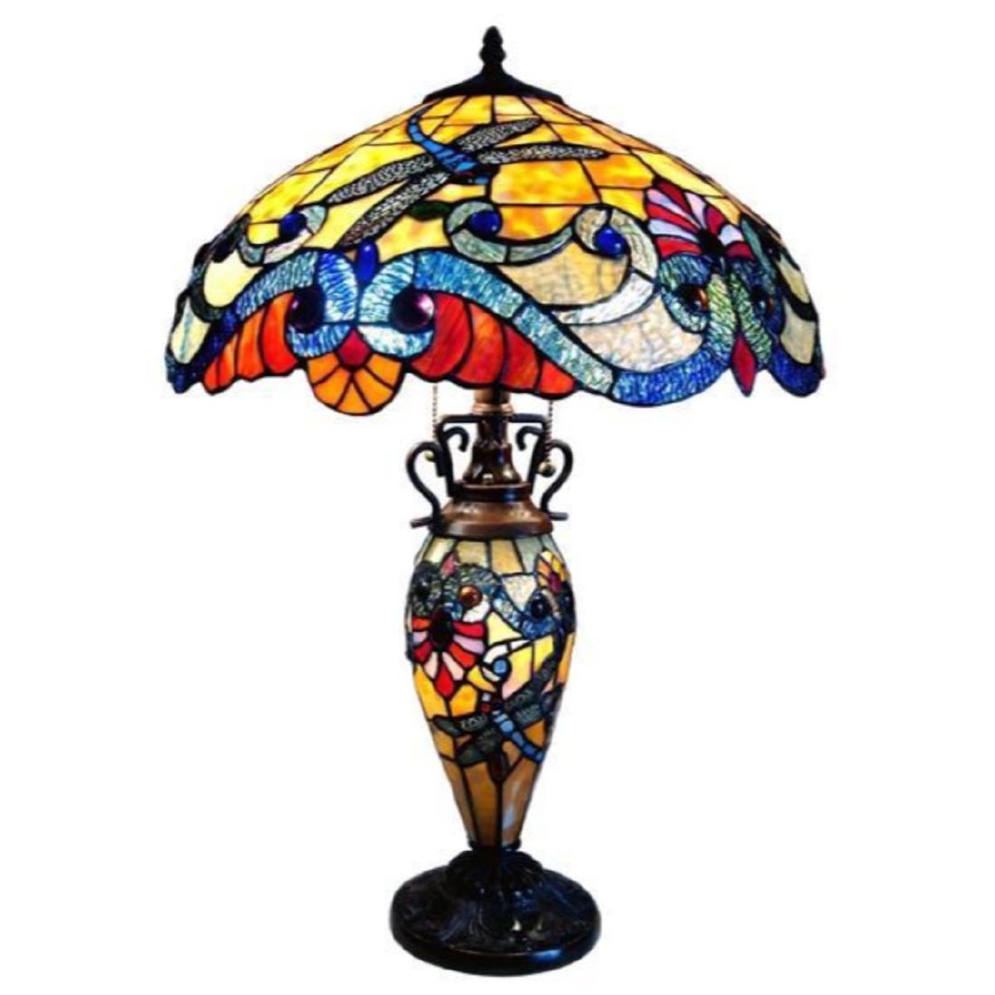 Double Lit Table Lamp: Dragonfly 3 Light Double Lit Table Lamp 18" Shade Overall Width (in)18.00 Overall Height (in)26.00 Light Bulb Types Two 60w medium bulbs & one 7w candelabra bulb Switch Type Pull chain & on-cord rotar