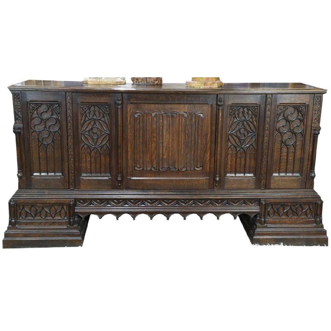 Gothic Revival Carved Quartersawn Oak Sideboard