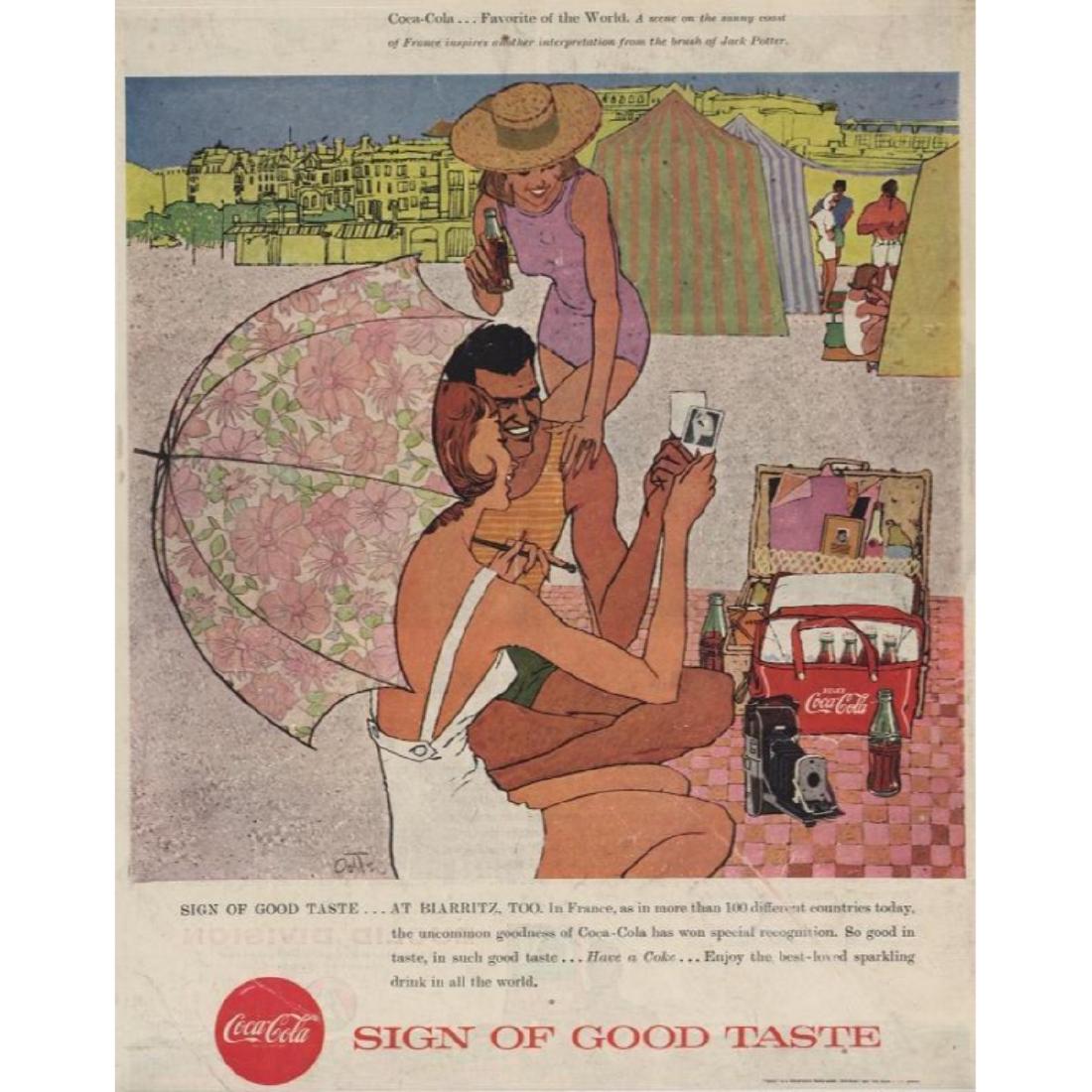 1957 Coca Cola Ad by Illustrator Jack Potter: 1957 Coca Cola magazine advertisement by famous 1950's illustrator & teacher Jack Potter. Depicts a group of vacationers enjoying Cokes in bottles while looking at photos on a beach in Biarritz France