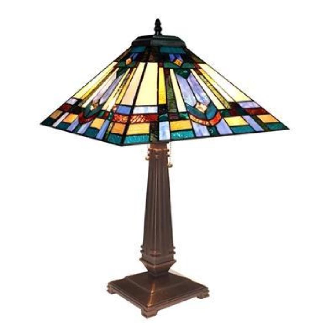 RWIN Tiffany-style 2 Light Mission Table Lamp 16" Shade: This Tiffany style, Mission design 2-light table lamp features a dark antique bronze finish that will complement many decors throughout your home. Hand crafted from over 230 pieces of art glass and 8 