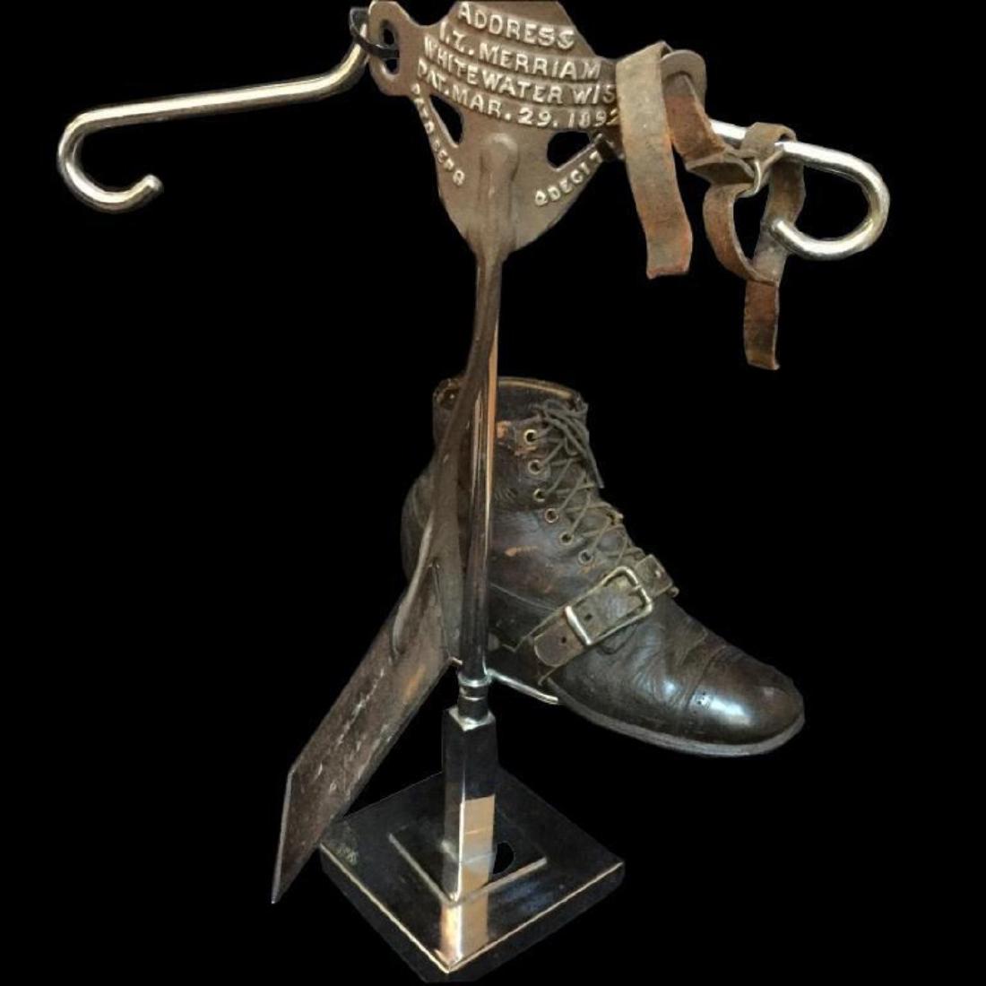 19thc Patent Model Sugar Cane Stalk Cutter: Late 19th Century Patent Model for a Sugar Cane Stalk Cutter. Printed on the cutter - "Address, I.Z. Merriam, Whitewater Wis., Pat. Mar.29. 1892." Blade attachment is 18" L X 7" W with leather strap &