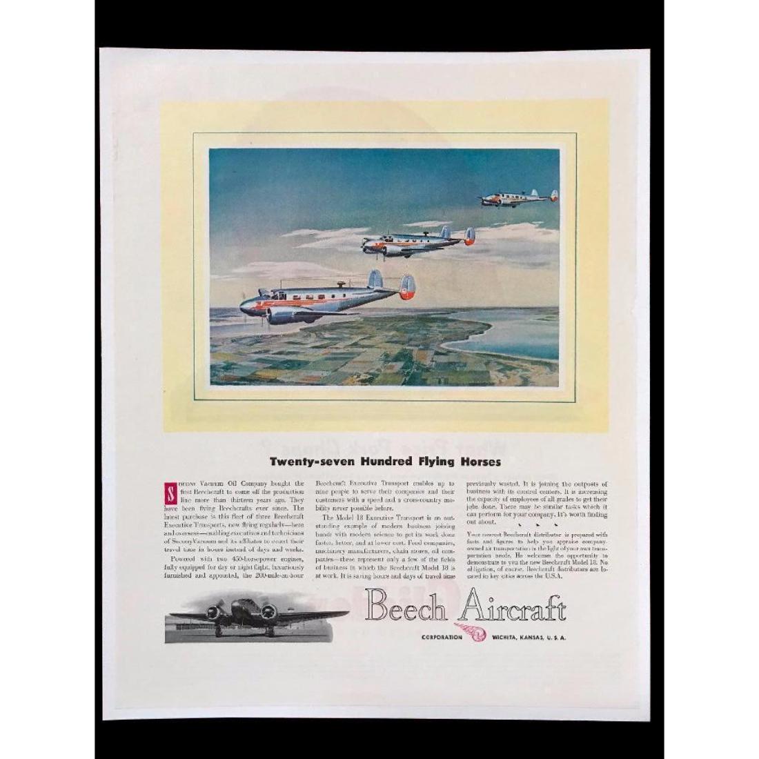 1947 Beech Aircraft Executive Transport Magazine Ad: Original 1947 magazine advertisement for Beech Aircraft Corporation, Wichita Kansas. Features aircraft for executive travel.Â 11" X 14" mounted on archival linen for preservation.