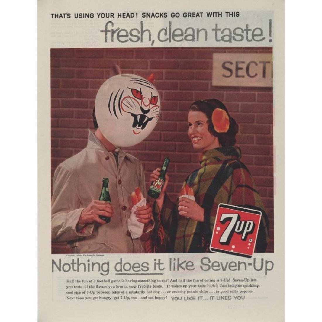 1959 7-Up Soft Drink, Game Day Magazine Ad: 1959 Magazine Advertisement, mounted on canvas for preservation, for 7 Up Soft Drink. The slogan reads, " That's Using Your Head! Snacks Go Great With This fresh clean taste! & "Nothing does it li