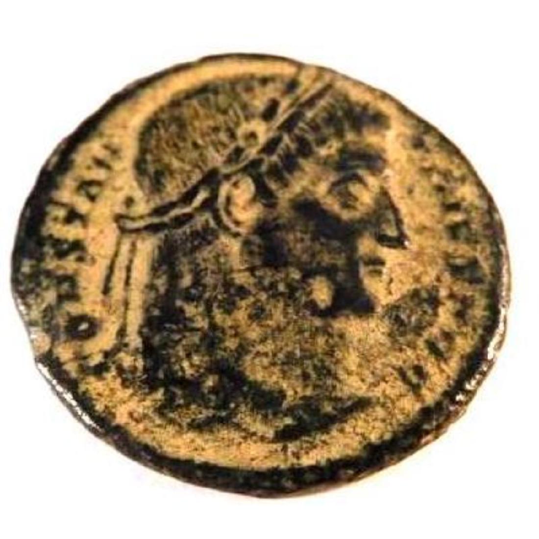 Bronze coin of Constantine I (307-337 A.D.): The reverse on this coin features a campgate and reads: PROVIDENTIAE CAESS "(Dedicated to) the foresight of our Caesars". Constantine I, known as "Constantine the Great", was born around 274 A.D. In 3
