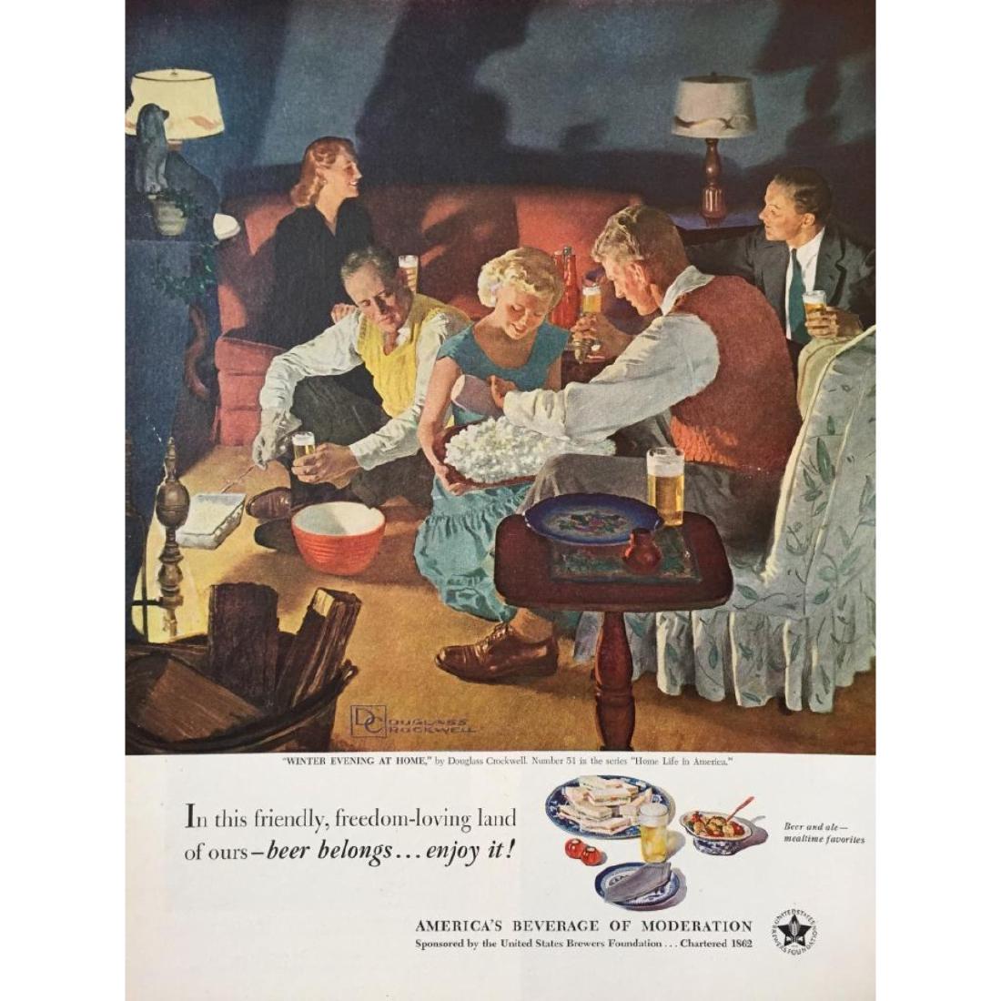 1951 US Brewers Beer Magazine Ad Art: Original 1951 Norman Rockwell-style magazine advertisement for the United States Brewer's Foundation, to promote drinking beer at home with friends. Number 51 in the series "Home Life in America." "Wi