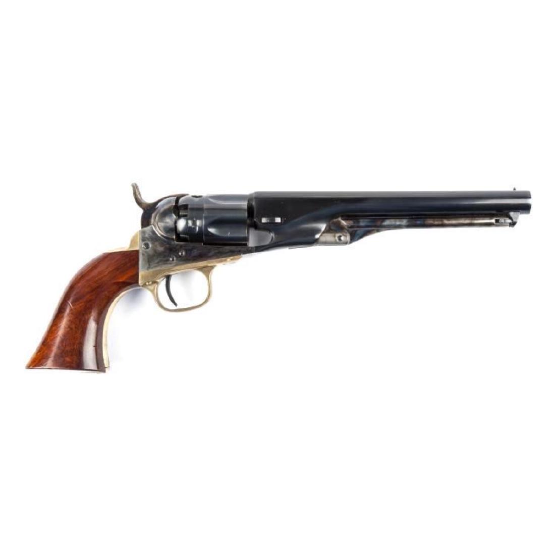 Uberti Colt Model 1860 Black Powder Rev - .36 Cal: SERIAL NUMBER: 33485 DESIGN: Single action black powder revolver. 6-1/2" barrel. .36 caliber. MATERIAL/FINISH COMPOSITION: Blued steel. Brass frame. Walnut grips. FEATURES: Numbers match. CONDITION: E