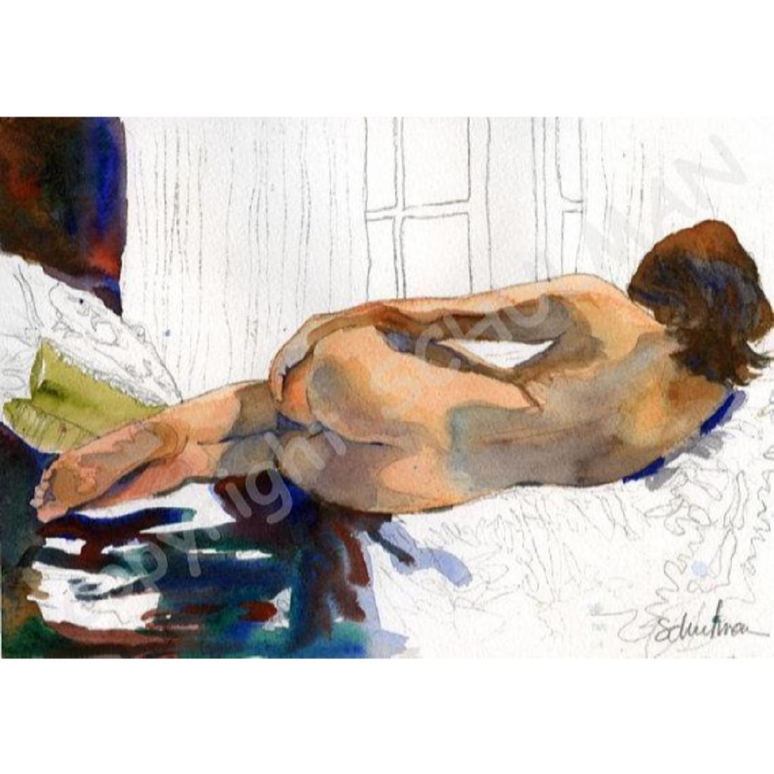 Signed Print, Female Nude Study From Watercolor: Reclining nude, signed print from the original watercolor painting by Miriam Schulman.Â 11x14". 9854-031918-ES-88898 Â