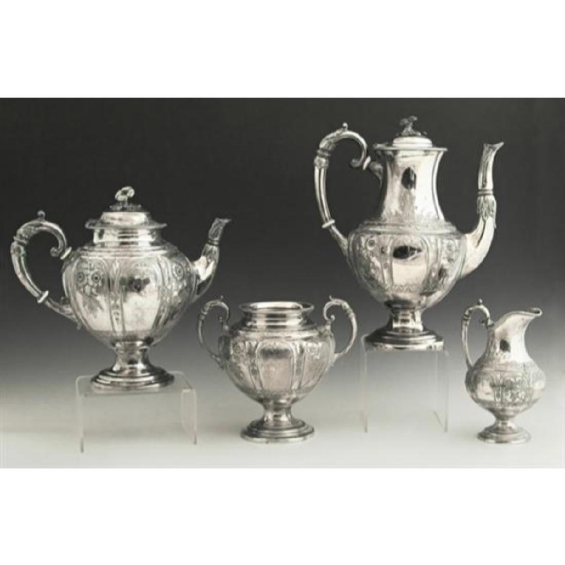19thc English Four Piece Aesthetic Silver-plated Coffee: 19thc English four piece silver-plated Aesthetic coffee setÂ by William Wheatcroft Harrison, Sheffield, consisting of a coffee pot, tea pot, creamer and open sugar (4 Pcs.), Coffee Pot- H.- 11 1/4 i