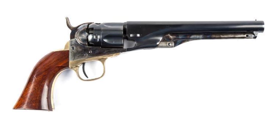Uberti Colt Model 1860 Black Powder Rev - .36 Cal: SERIAL NUMBER: 33485 DESIGN: Single action black powder revolver. 6-1/2" barrel. .36 caliber. MATERIAL/FINISH COMPOSITION: Blued steel. Brass frame. Walnut grips. FEATURES: Numbers match. CONDITION: E