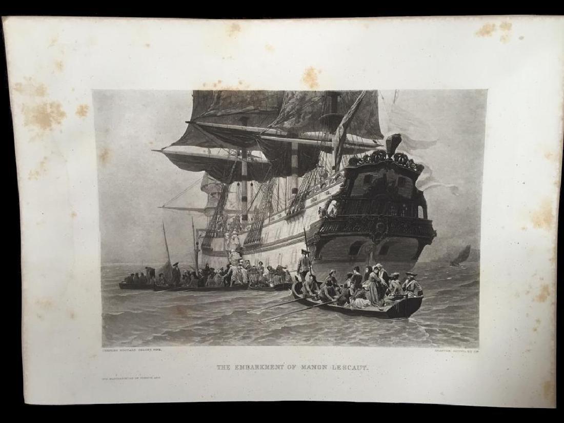 1880's Photogravure Engraving, Sailing Ship: Original 1883 photogravure print, from a limited, imperial edition of 1000, "The Masterpieces In French Art" by Goupil & Co. engravers, Paris. Printed on japon paper. From an 1875 painting by Charles 