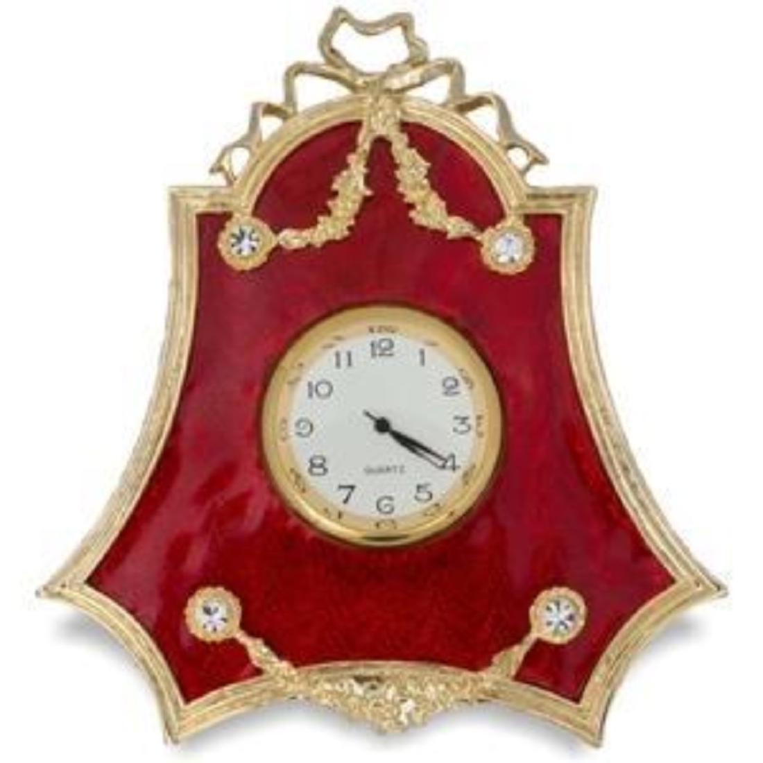 Faberge Inspired 4" Faberge Red Enameled Guilloche: Faberge Inspired 4" Faberge Red Enameled Guilloche Russian Antique Style Clock The framed clock is in two color gold-mounted red enamel surrounded by a crystal set ribbon tie suspended by a laurel gar