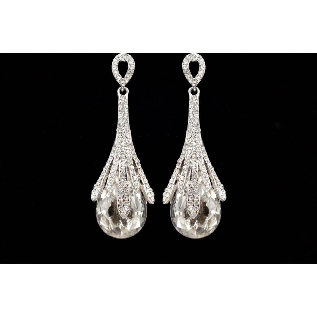 Art Deco Style Czech Crystal & Rhinestone Drop Dangle: Art Deco-style Czech clear crystal teardrops, set intoÂ rhodium plated 3" length drop earrings. 9777-031018-EB-21292