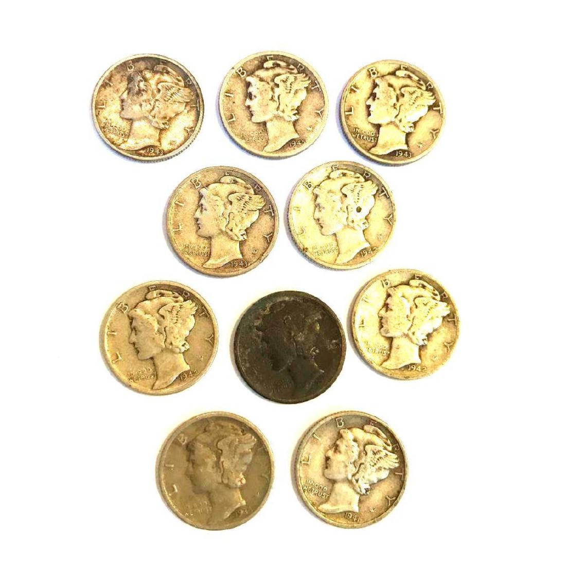 Group of WW II Era Mercury Winged Liberty Dimes: Group of 10 World War II Mercury / Winged Liberty dimes in average condition. 90% silver. Dates to include: 1 dated 1936, 1 dated 1941, 3 dated 1942, 4 dated 1943 & 1 dated 1945.