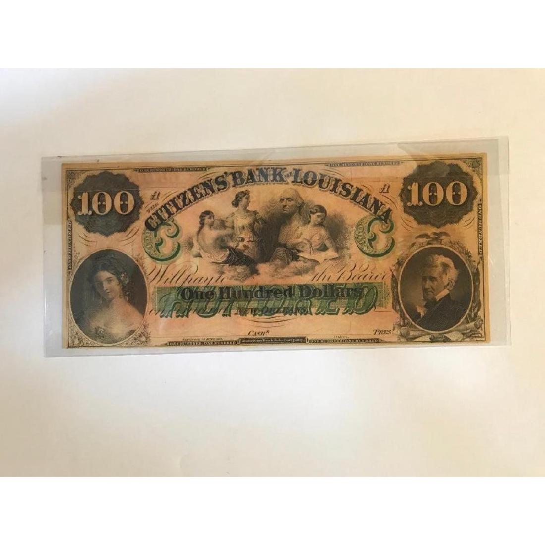 1860's Obsolete UNC $100 Louisiana Confederate Bank: 1860's obsolete & uncirculated Citizens' Bank of Louisiana $100 Confederate bank note, with crisp engraving. City of New Orleans printed on front & back side.Â