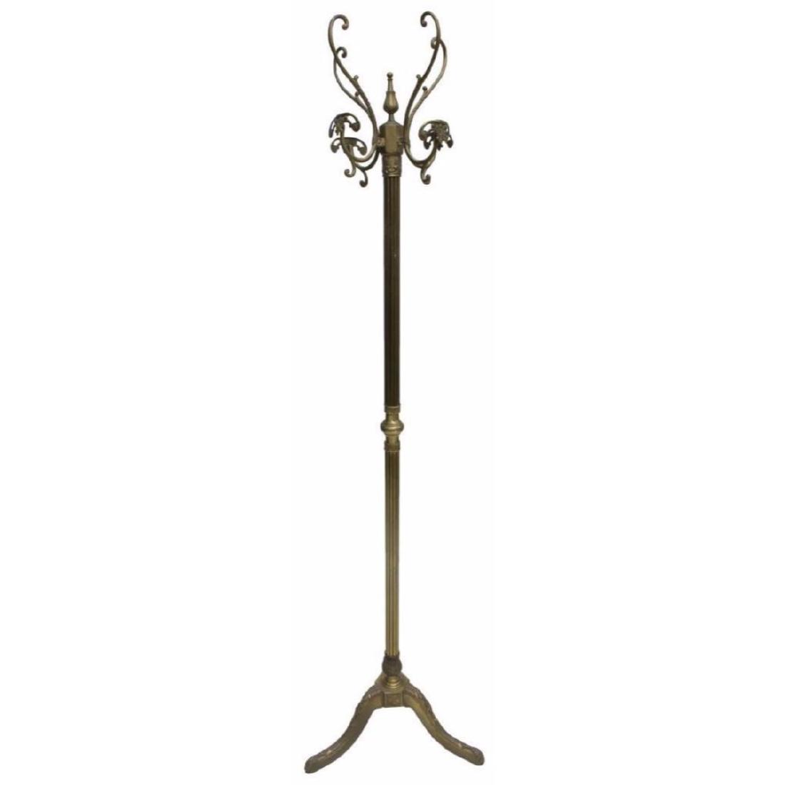 Gilt Brass Hall Tree With Coat & Hat Rack: Gilt brass standing hall tree, having vasiform finial, issuing four arms, ending in hat and coat hooks, fluted standard, having acanthus leaf accents, rising on tripartite base, approx 73.75"h, 19.75"