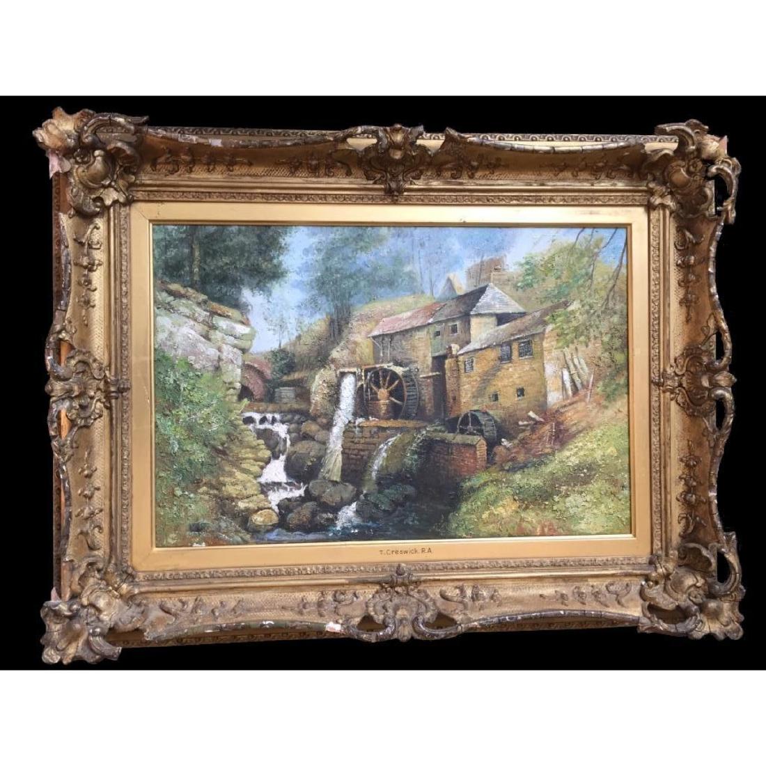 Student of Creswick, Old Mill Oil Painting: Student of Thomas Creswick ( British, 1811 - 1869 ) oil on panel painting of an old saw mill. Framed in a 19thc ornate gold gilt wood frame. Information on the original Royal Academy painter attached