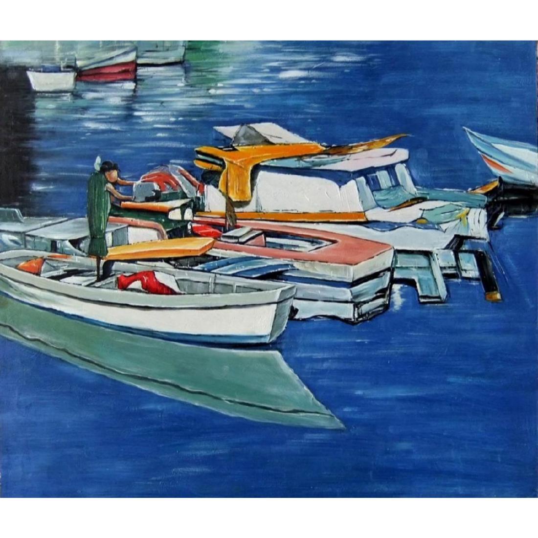 Caribbean Blue St Maarten, Oil on Board painting: "Caribbean Blue" by a native of St. Martin, depicts a marina in abstract. 20" X 24". Painted on gesso over wood plank.