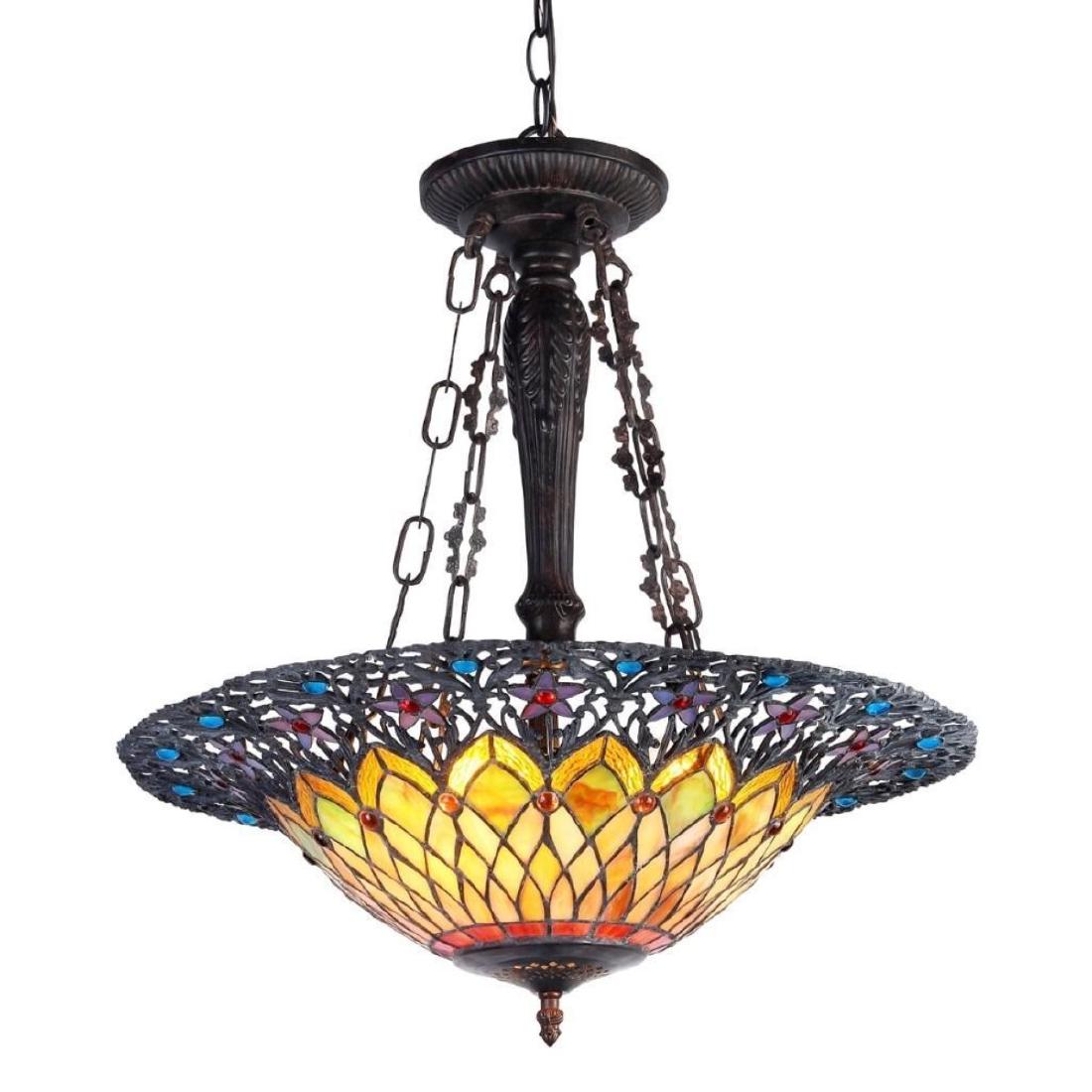 Inverted Ceiling Pendant: "CAMILA" Tiffany-style 3 Light Inverted Ceiling Pendant 22" Shade This Tiffany style traditional design 3-light inverted pendant features an antique bronze finish. Handcrafted from over 300 individual