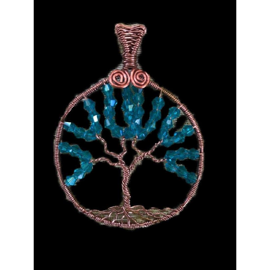 Swarovski Crystal & Copper Wire Tree of Life Pendant: Original artisan creation by Southern Georgia artist Sharon Angel, "Tree of Life" pendant, made from twisted copper wire & blue Swarovski crystals. Approx 2".