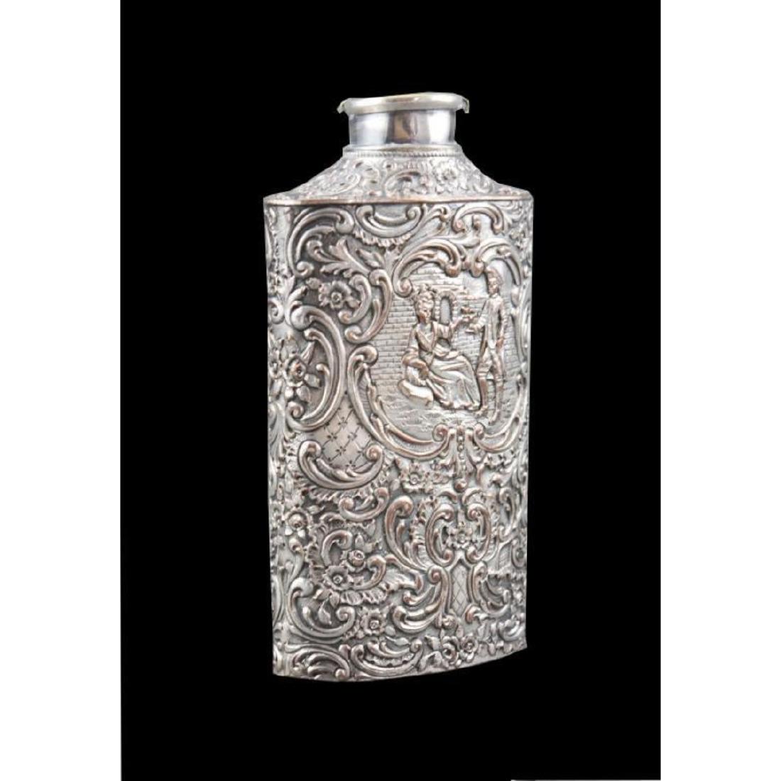 Antique Danish Repousse Silverplate Powder Flask: Antique Danish Repousse Silverplate Powder Flask. 17th century scene on face. Marked on bottom. Wear to silverplate on ornate design. 5" x 3".