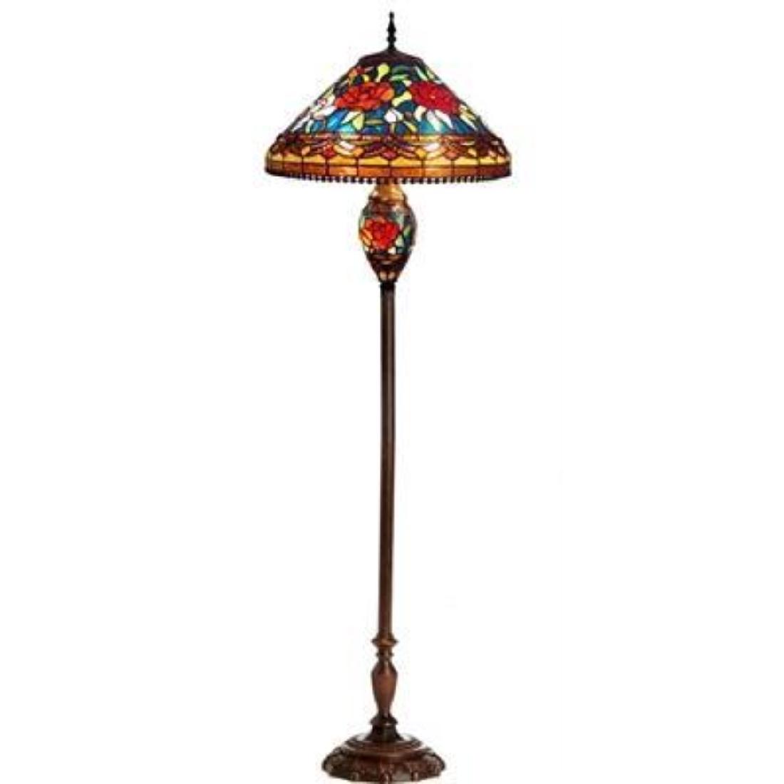 "SINCERE" Tiffany-style Roses 3 Light Double Lit Floor: SINCERE, this rose design double lit floor lamp is handcrafted with pure stained glass, with gem tone, soft pedestals.Â Â The warm colors glow of the stained glass will create warmth in your home.