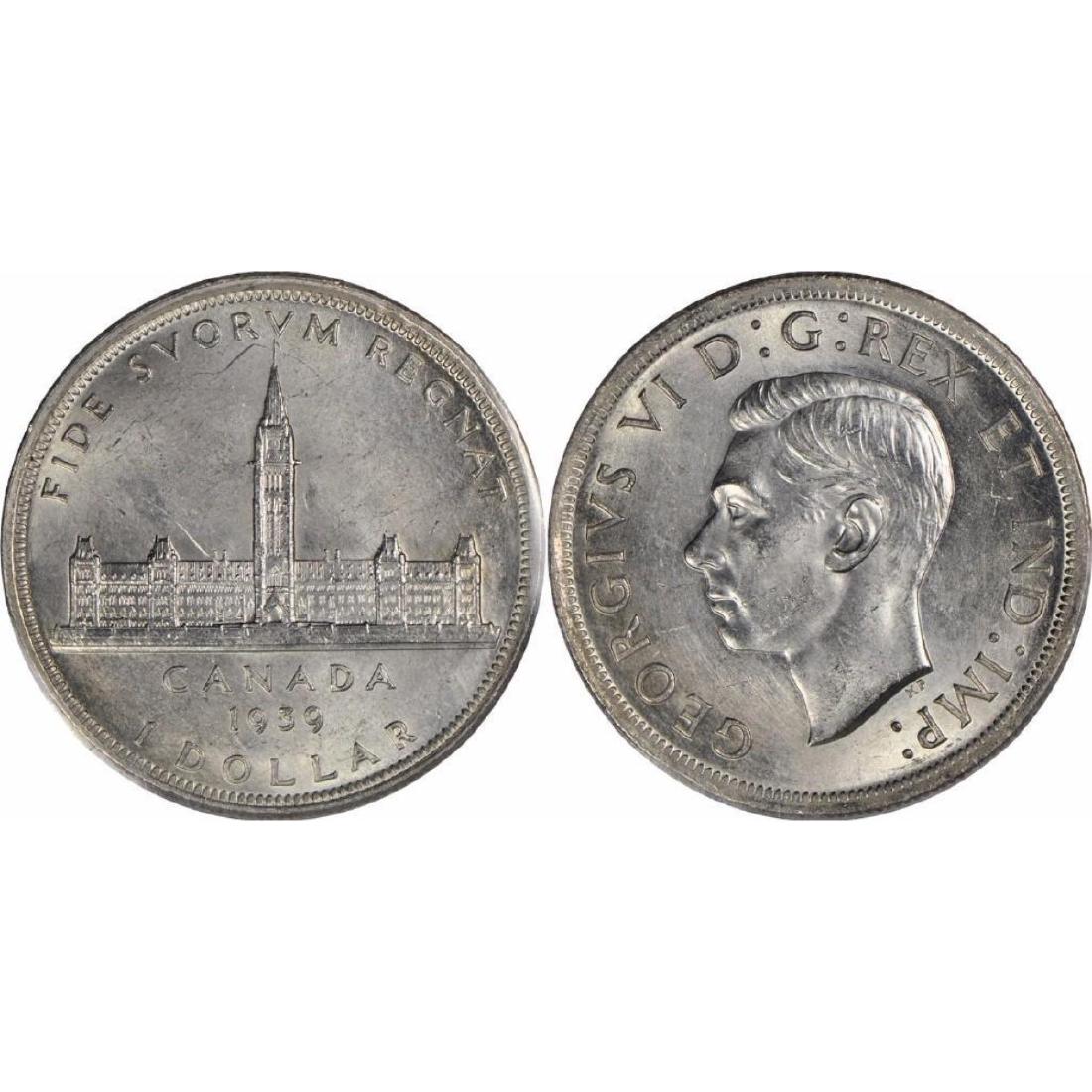 1939, Canada, Silver Dollar: This coin, the second commemorative silver dollar struck in Canada, was minted to celebrate the visit of King George VI and Queen Elizabeth in 1939. The reverse of the coin depicts the Parliament buil