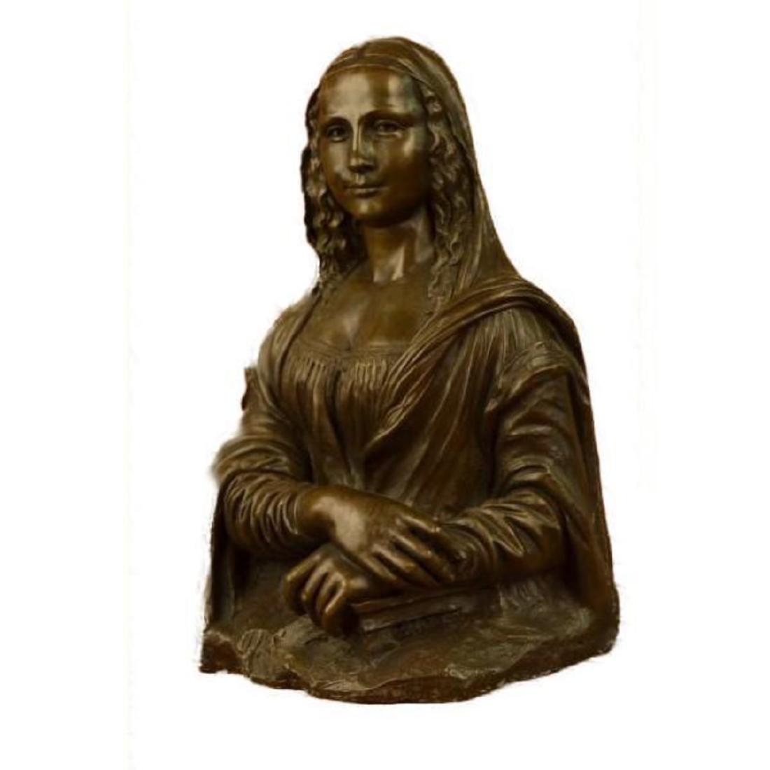 Signed Bronze Statue Art French Mona Lisa Sculpture Art: Stunning genuine hot cast bronze sculpture mounted on a solid marble base. This bronze measures 12" high and depicts mona lisa, inspired by leonardo da vinci's famous painting and signed by artist fis