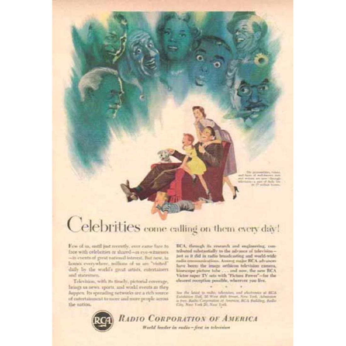 1942 RCA Television Advertisement: Original 1942 RCA advertisement from a Saturday Evening Post magazine of the day. The slogan reads, " Celebrities come calling on them every day!" Features a family seated around the father's chair &