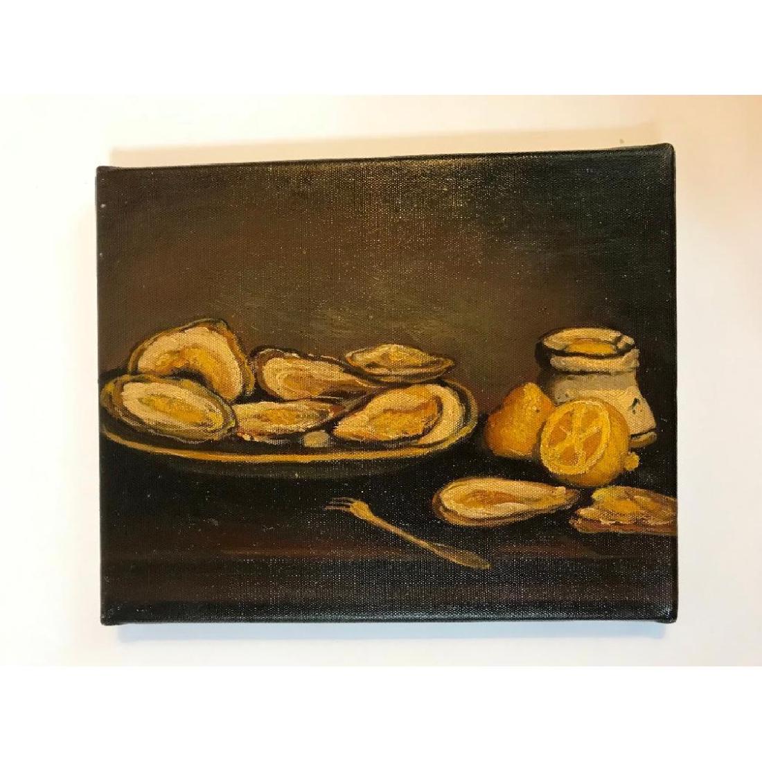 20thc Oil on Canvas Still Life Painting, Oysters &: 20th Century still life painting, oil on canvas, depicting oysters with lemons on a dining table. 8" X 10"Â