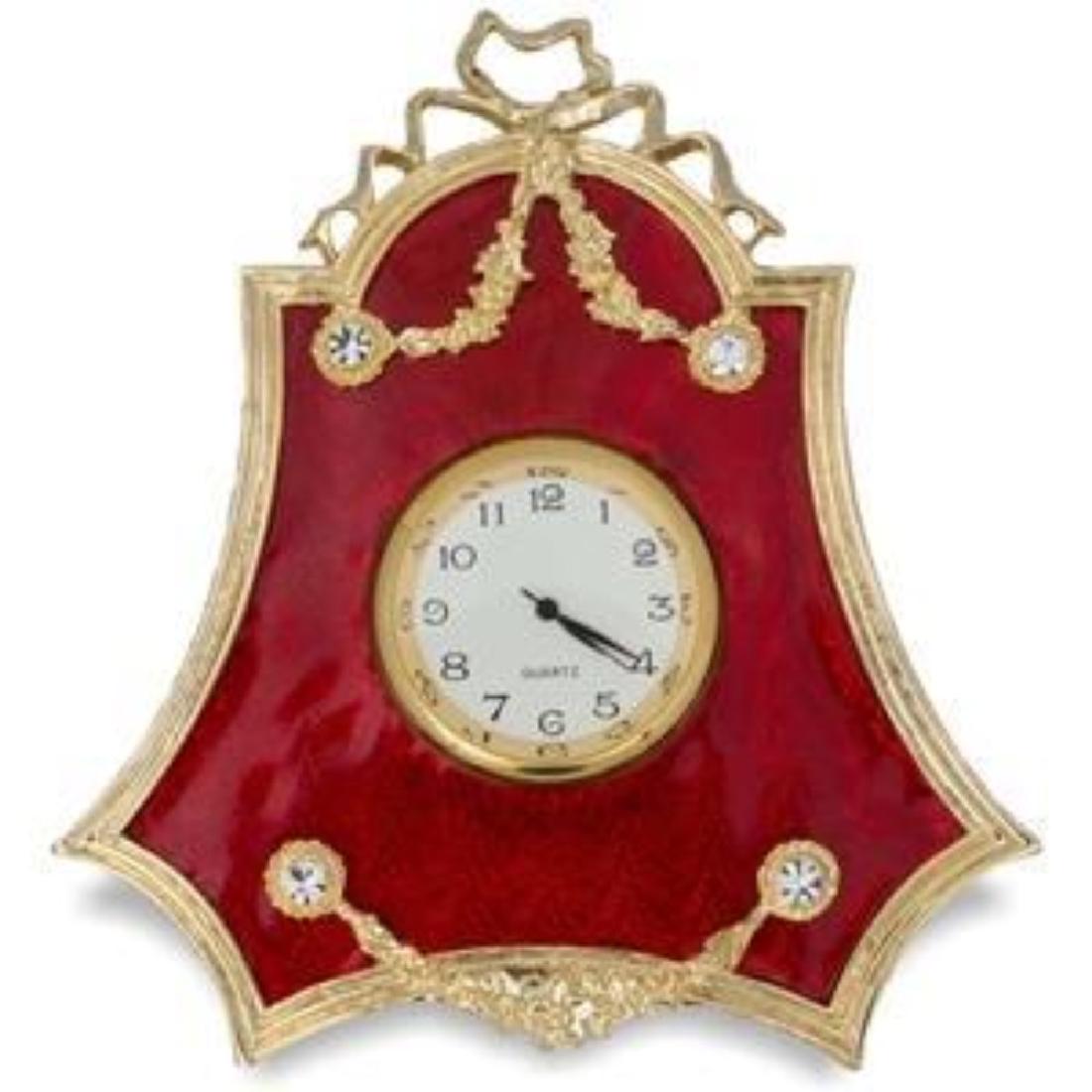 Faberge Inspired 4" Faberge Red Enameled Guilloche: Faberge Inspired 4" Faberge Red Enameled Guilloche Russian Antique Style Clock The framed clock is in two color gold-mounted red enamel surrounded by a crystal set ribbon tie suspended by a laurel gar