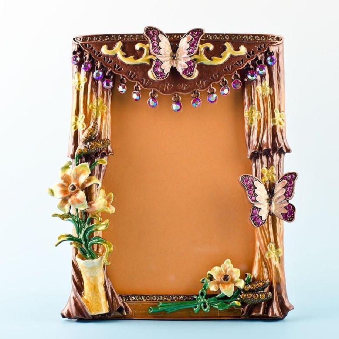 Curtains with Butterfly and Flowers Russian Antique: 5.5" x 4.5" Curtains with Butterfly and Flowers Russian Antique Style Picture FrameÂ Features: Dimensions: 5.5'' (H) x 4.5 Inches Wide Pewter, Enamel, Crystals Gift Boxed Â