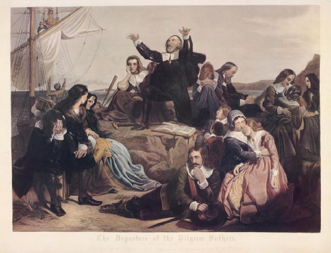 Machine Print, Pilgrim Fathers: New machine colored re-print, still in the original packaging from a vintage art store's stock. "The Departure of the Pilgrim Fathers for America, A.D. 1620". Original painting by Charles Lucy, 1847. 
