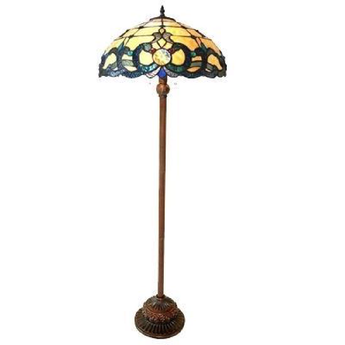"DOUTZEN" Tiffany-style 2 Light Victorian Floor Lamp: This Tiffany style Victorian design 2-light floor lamp features an antique bronze finish that will complement many decors throughout your home. Handcrafted from individually hand cut of 341 pieces cop