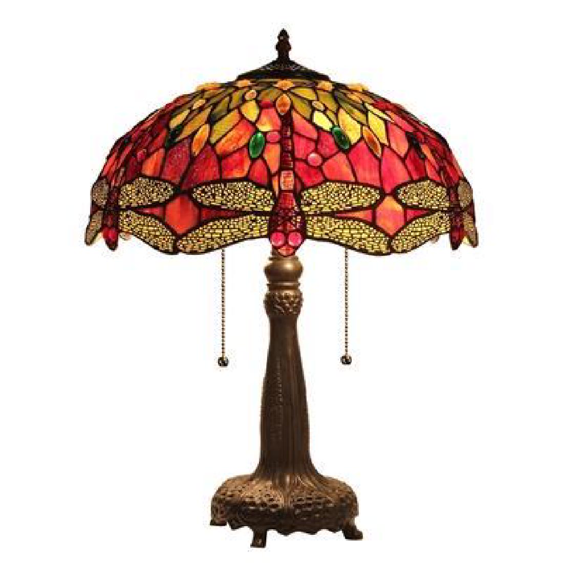 Tiffany-style Dragonfly 2 Light Table Lamp 18" Shade: Shade Width18.10 Shade Height8.86 Overall Height23.80 Base Width8.34 Base Height17.90 Threaded Pipe/Finial Length5.31 Net Weight (lbs)12.10 Light DirectionDownlight Wattage/Bulb Types(1) 100 Watt max 