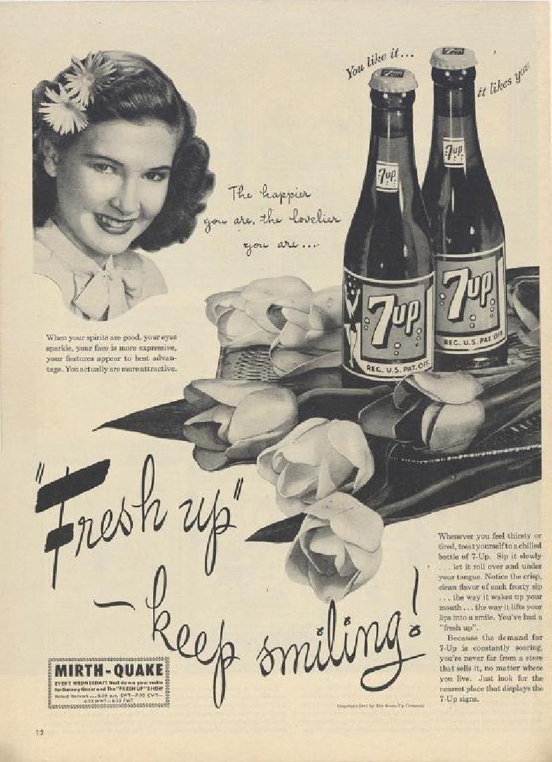 1945 7UP Happier & Lovelier Magazine Ad: 1945 magazine advertisement by the Seven-Up Company for their 7 up cola. The slogan reads, "The happier you are, the lovelier you are... Fresh up - keep smiling!" 10" X 14" mounted on archival linen c