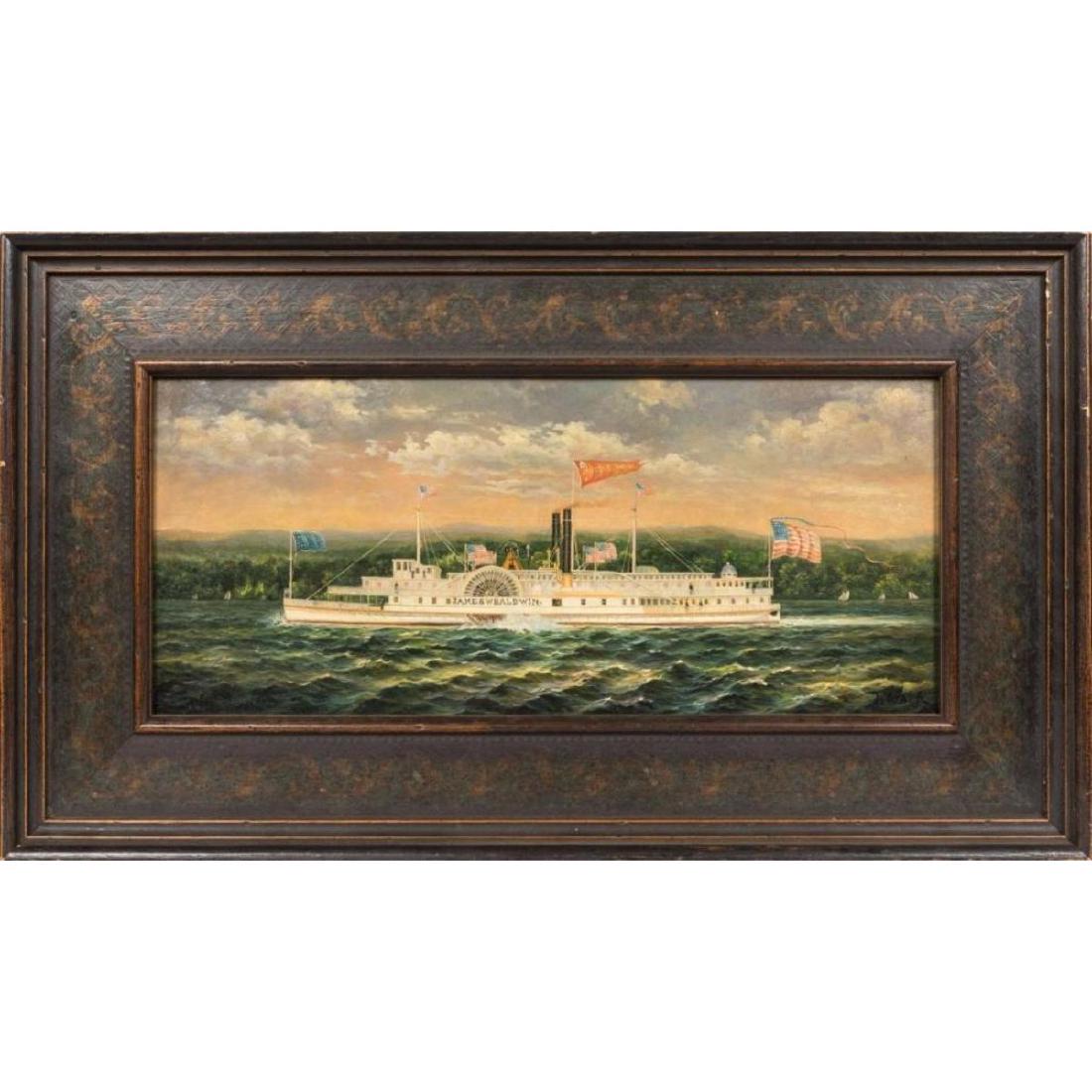 Oil On Board - "james W. Baldwin" - Signed J Clark: Description - An oil on board 'Paddle Boat', signed J Clark. Dimensions - Frame - 13.5" x 23.5" Sight - 7.5" x 17.5" CONDITION Overall good.