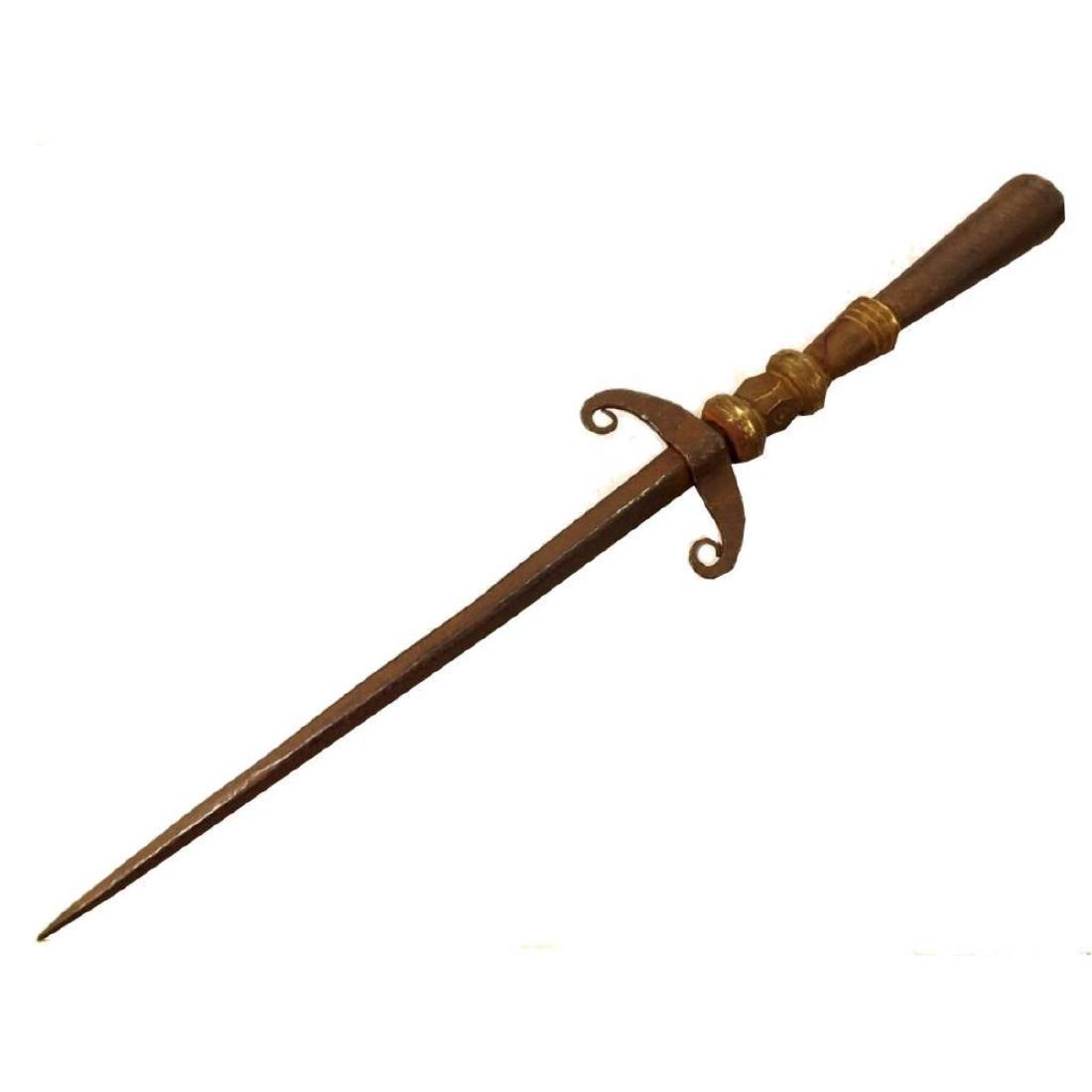 17thc Pole Arm Spear: Early Qing Dynasty, 17thc pole arm spear. Iron blade & cross-guard. Hammered brass mount. 12 1/4" blade. 20" overall length.