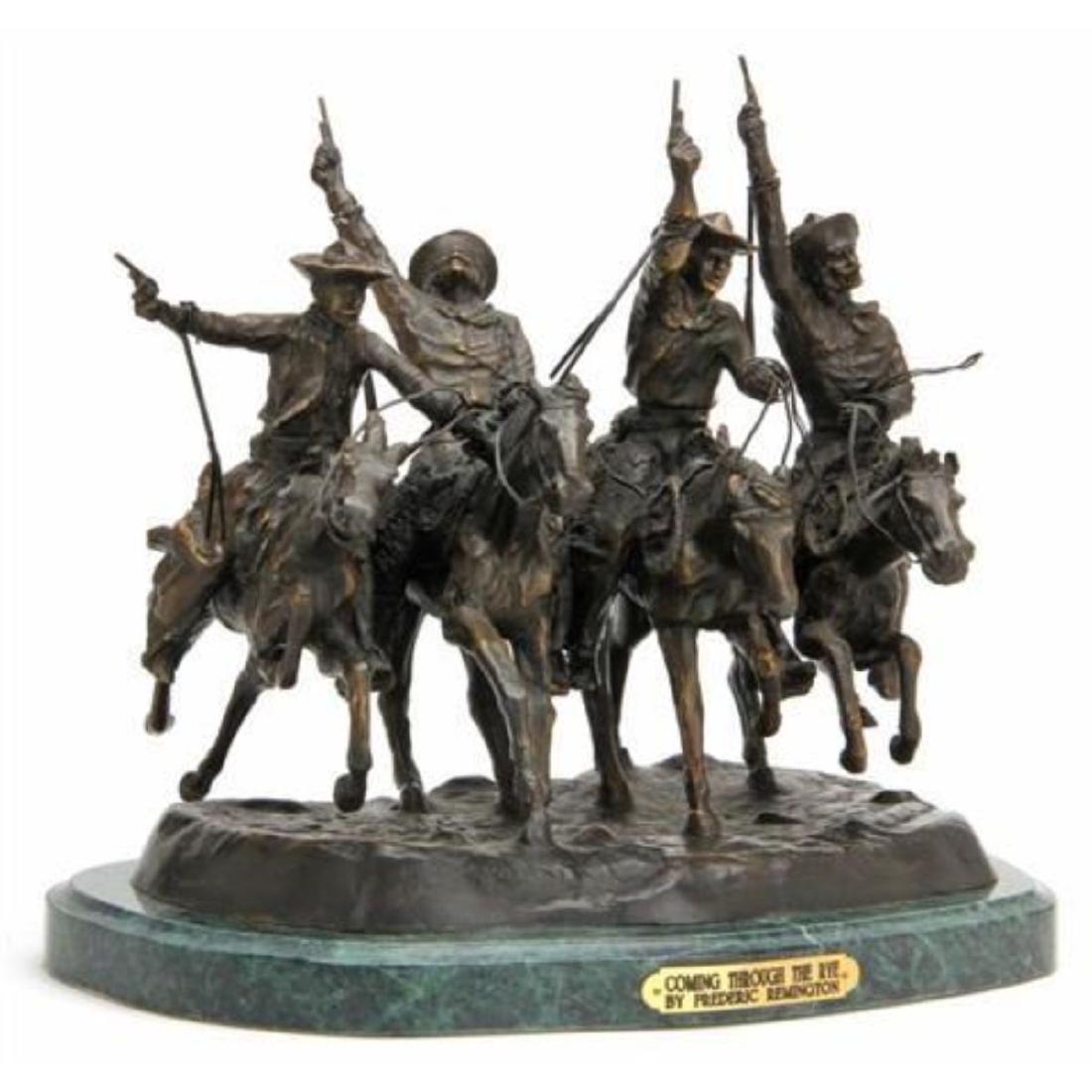 Coming Thru The Rye By Frederic Remington: Regular 13 1/2" H x 15 1/2" L - This is not an original Frederic Remington sculpture for if it was, it would be worth a great fortune. This is a masterful lost-wax bronze molded sculpture masterfully 
