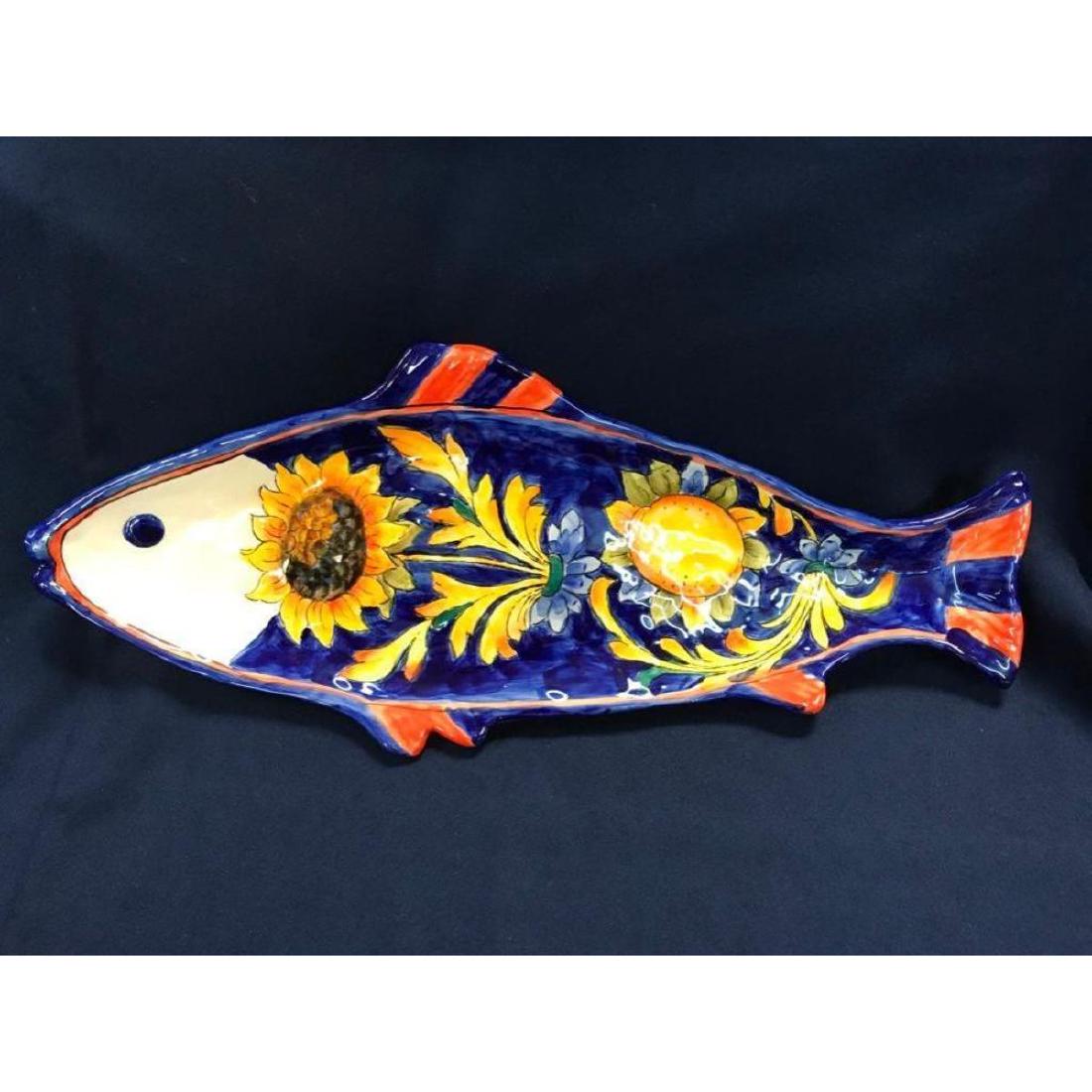 Tuscan-style Ceramic Decorative Fish Platter: Italian Tuscan-style decorative pottery platter, in the form of a fish, with sunflower & lemon motif. 19 1/2" X 8".Â