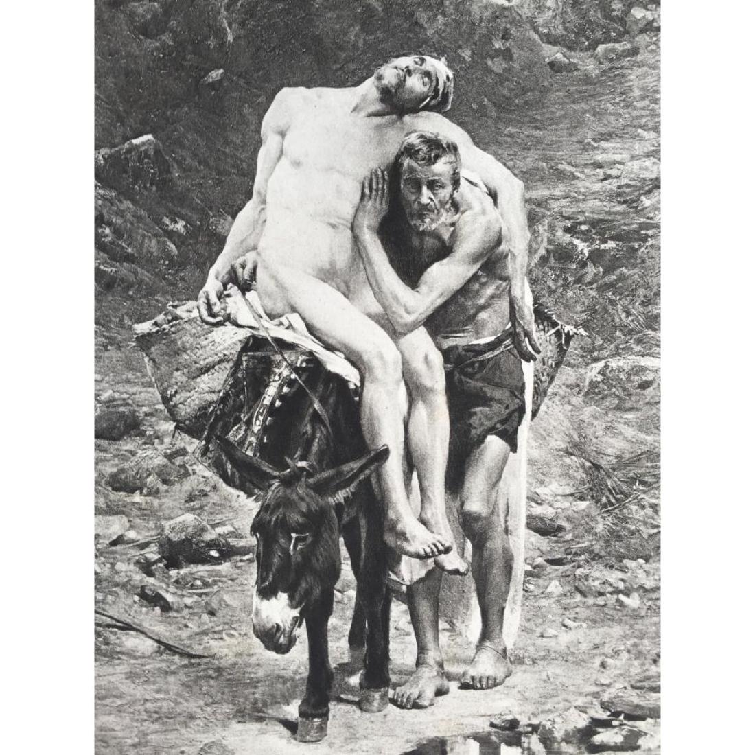 19thc Photogravure Print, The Good Samaritan: Original 1880's photogravure print. From an 1883 Imperial limited edition of 1000, "The Masterpieces of French Art." Goupil & co engravers, Paris. From the original painting by Aime Nicholas Morot. 11