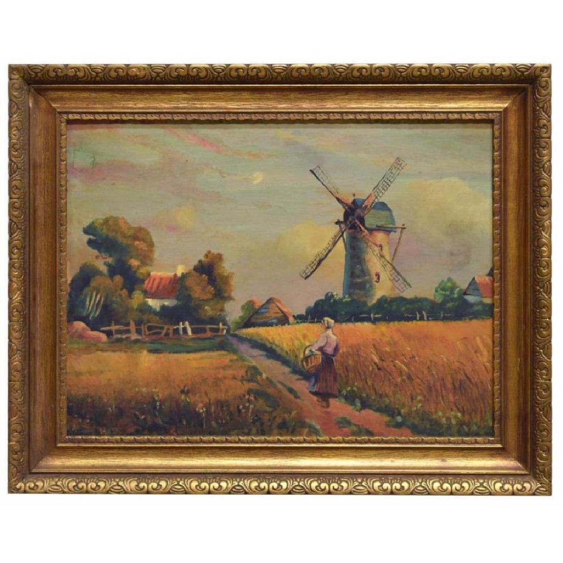Framed Dutch School Oil Painting On Board: Framed oil on board, 1942, Landscape with Windmill, signed and dated lower left A.A. Egidij (?), approx sight: 14.25"h, 19.25"w, overall: 19.25"h, 24.25"w, 3lbs